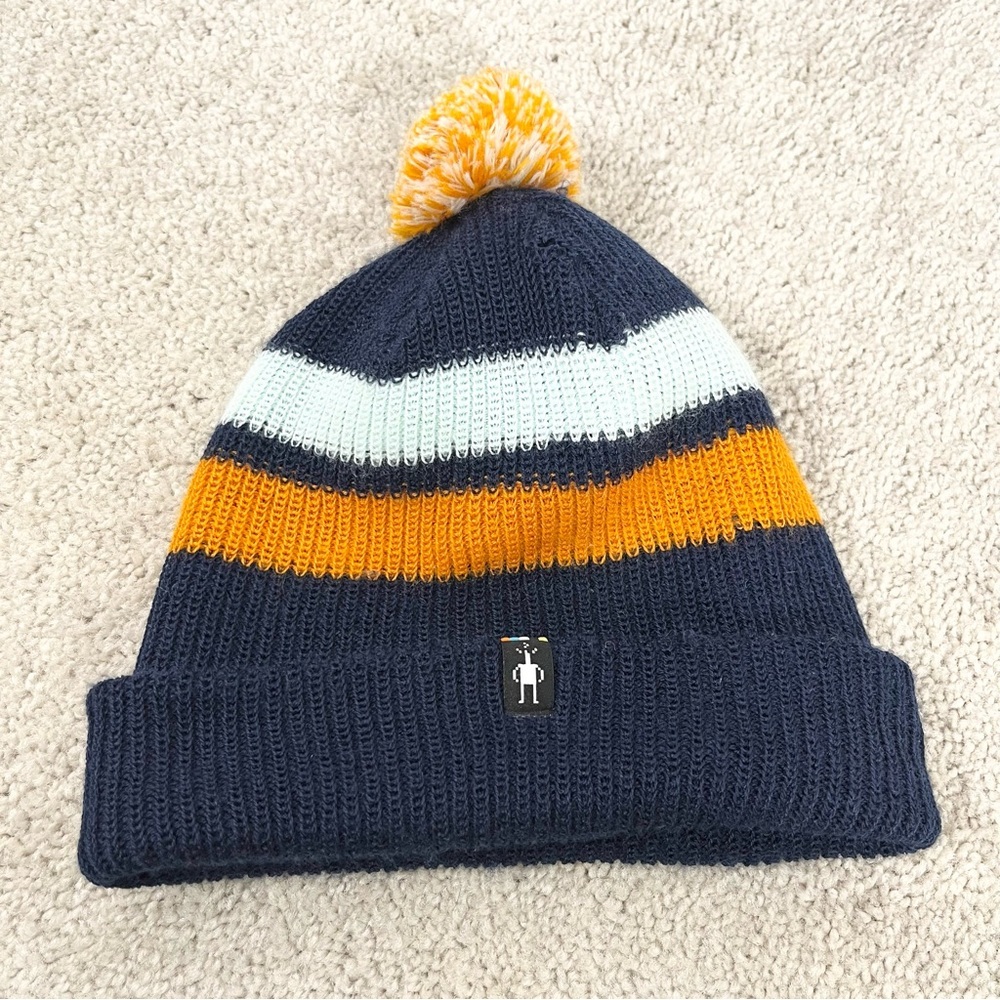Smartwool Kids Stripe Pom Beanie Navy Blue Orange Size L/XL Fall Merino Wool